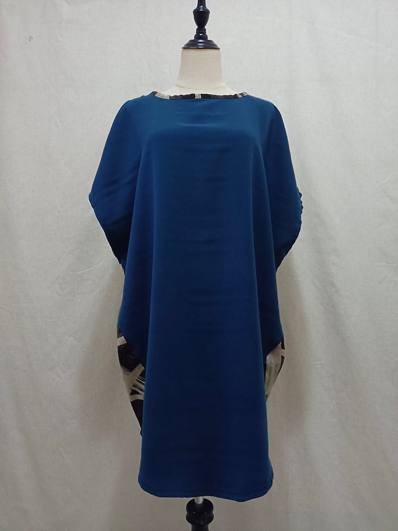 Designer collection gray blue brush color dot cocoon double-sided dress dress - ชุดเดรส - เส้นใยสังเคราะห์ สีน้ำเงิน