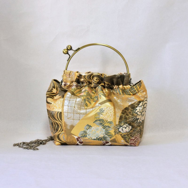 Kimono remake pouch frame shoulder bag - Messenger Bags & Sling Bags - Silk Gold