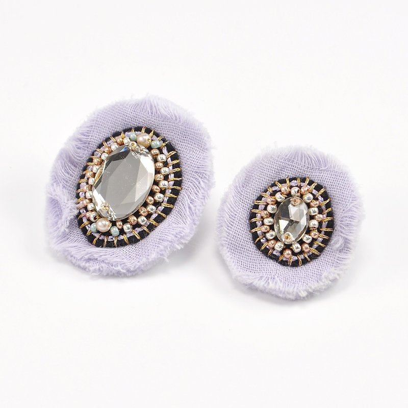 棉．麻 耳環/耳夾 紫色 - new old stock, statement flower earrings, pink earrings,  No.9