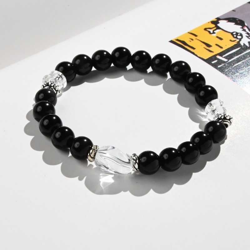 Shine in the Dark - Obsidian * White Crystal Children's Sterling Silver Bracelet / Handmade Beads - Bracelets - Gemstone Black