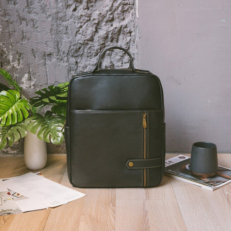 Genuine leather multifunctional double layer backpack 676-1 black - กระเป๋าแมสเซนเจอร์ - หนังแท้ สีดำ