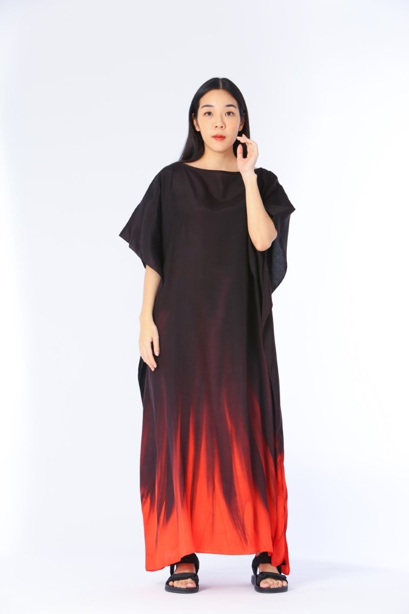 Hand Painted Cotton Silk Kaftan for Summer Resort Vacation F - 洋裝/連身裙 - 棉．麻 紅色