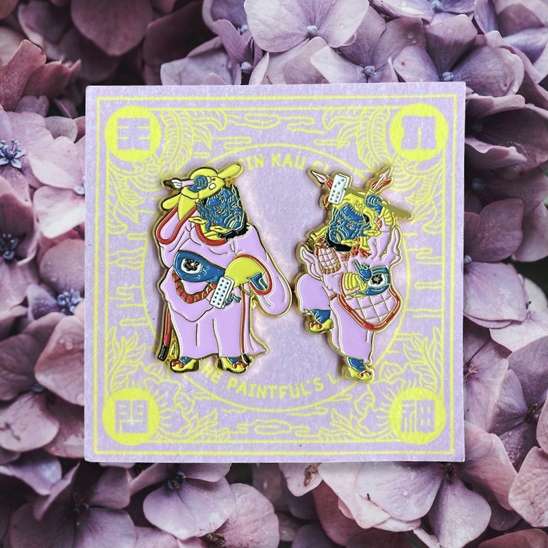 [Hang on the door gods and walk around to block disasters, seek wealth and drive away sorrows] A pair of metal pins of Tianjiu door gods - Brooches - Other Metals Pink