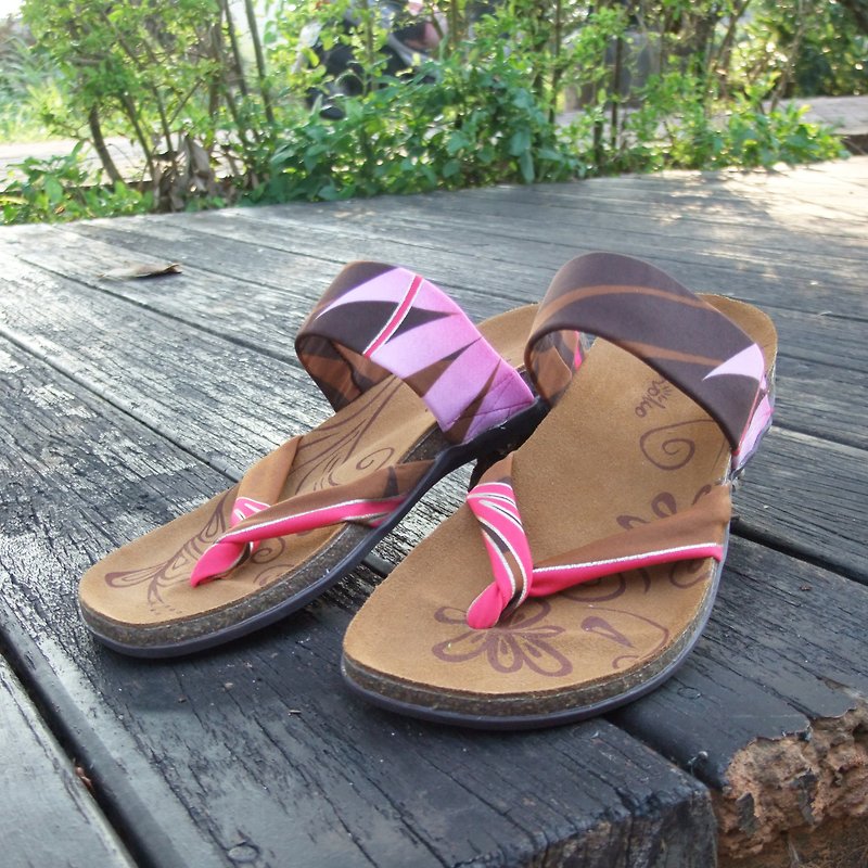 真皮 涼鞋 多色 - 【京都の風景  棕櫚葉】日式舒活/彈力萊卡布料   真皮軟木氣墊鞋