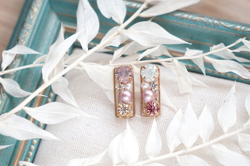 Jewelry Boxes - Geometric Rectangle Crystal Pearl Earrings - Pink - ต่างหู - วัสดุอื่นๆ สึชมพู