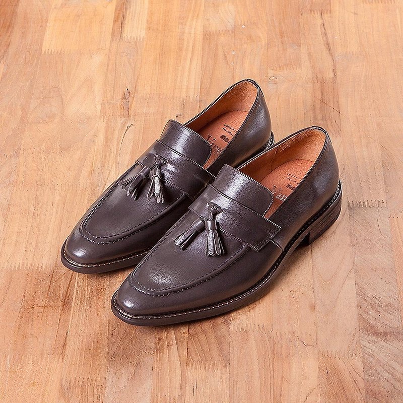 Vanger saddle piece tassel loafers Va252 gray - รองเท้าอ็อกฟอร์ดผู้ชาย - หนังแท้ สีเทา