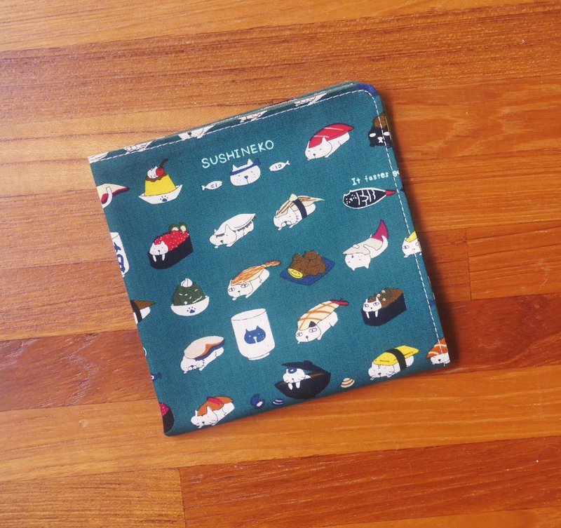 Taiwan cotton handkerchief = cat sushi = green - ผ้าเช็ดหน้า - ผ้าฝ้าย/ผ้าลินิน 