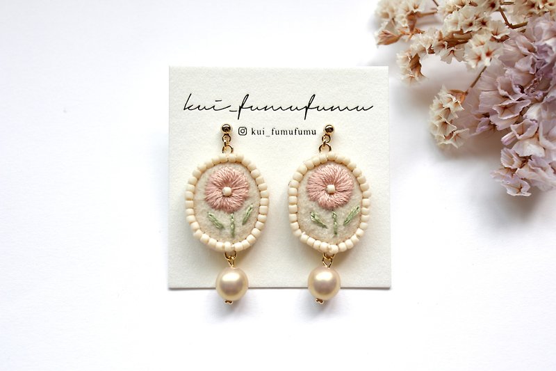 Thread Earrings & Clip-ons Pink - flower earring/dull color/embroidered Clip-On/kui_fumufumu