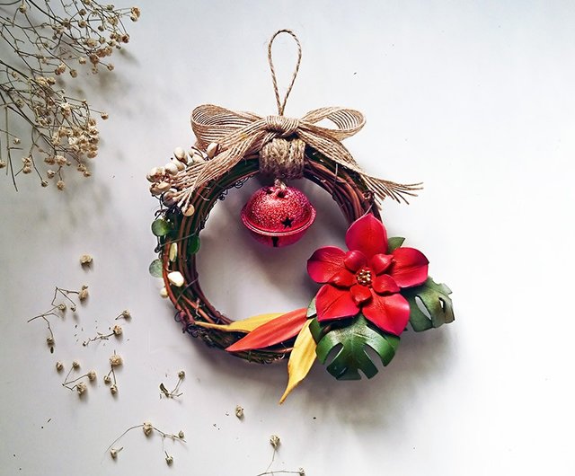 クリスマス籐リング/フォレストレザーオーナメント-ソフトレッド