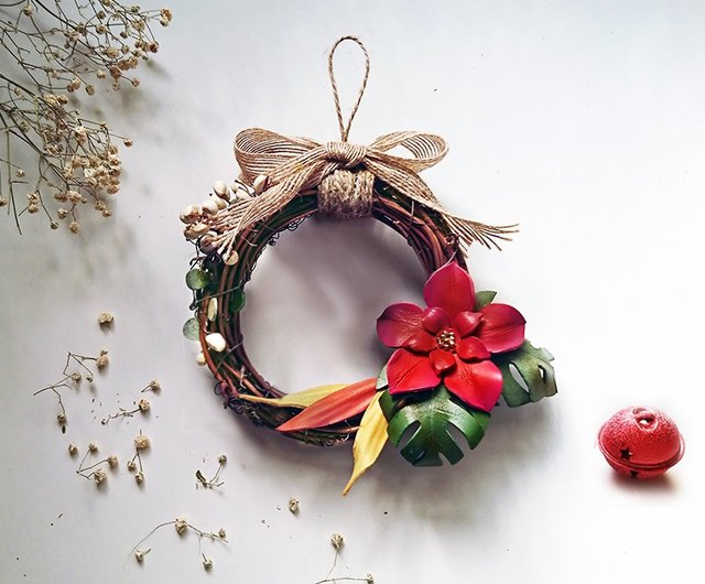 クリスマス籐リング/フォレストレザーオーナメント-ソフトレッド