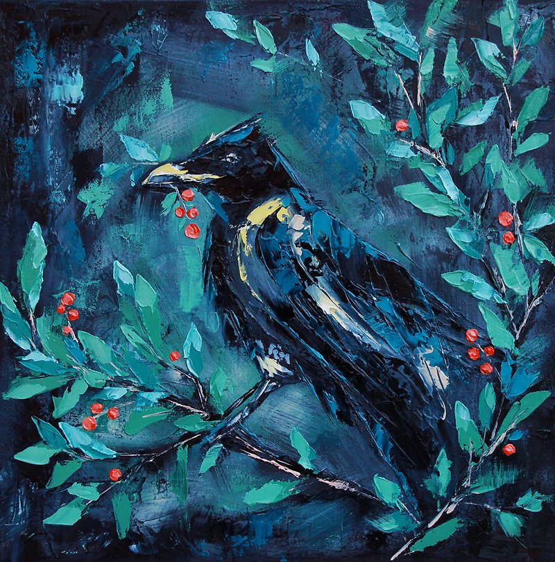 Raven Painting Crow Original Art Bird Artwork Palette Knife Art 油畫原作 40by40 cm - โปสเตอร์ - วัสดุอื่นๆ สีดำ