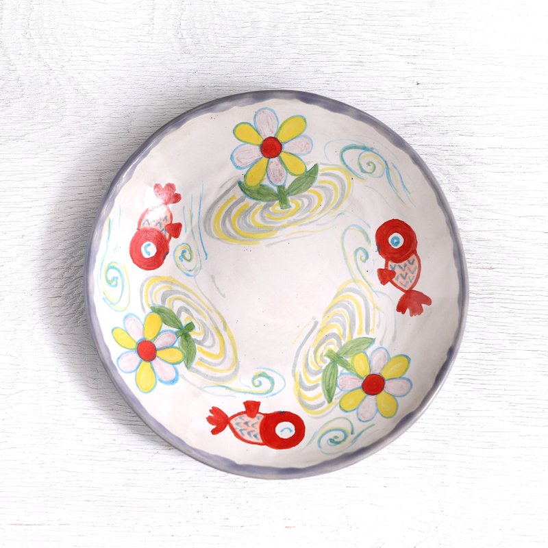 Red Goldfish & Flowers Hand-Painted Pottery Plate (19cm) - Plates & Trays - Pottery Red