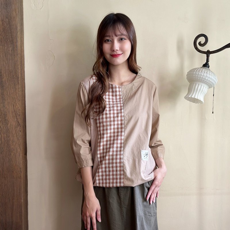 Hana Mokuba 格紋不對稱拼接設計上衣 - 女上衣/長袖上衣 - 其他材質 