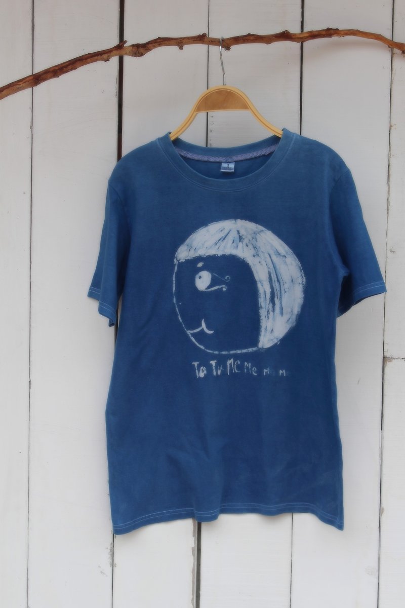 Cotton & Hemp Unisex Hoodies & T-Shirts Blue - Free dyeing isvara hand-dyed blue-dyed courage sister series big head sister forwards cotton T-shirt