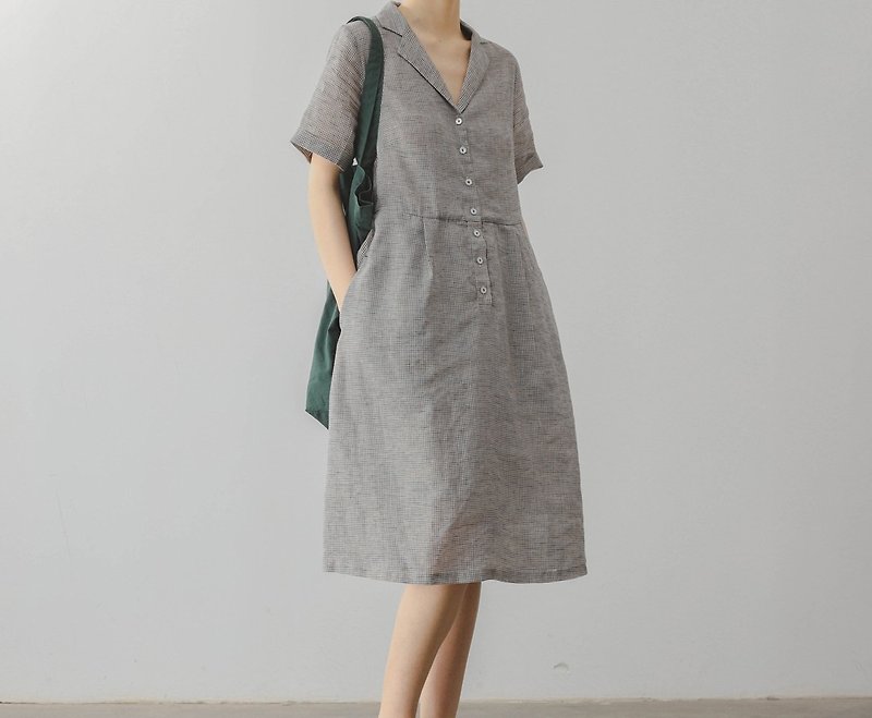 French retro girl natural salt-colored relaxed linen plaid suit collar dress - One Piece Dresses - Cotton & Hemp Gray