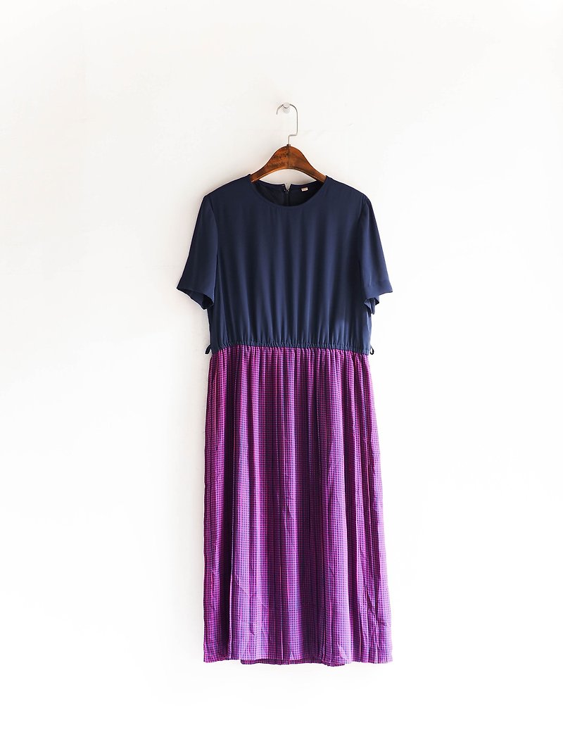 River Water Mountain - Wakayama Deep Sea Blue x Broken Checker Independent Girl Antique Silk Skirt Dress overalls oversize vintage dress - ชุดเดรส - เส้นใยสังเคราะห์ สีน้ำเงิน