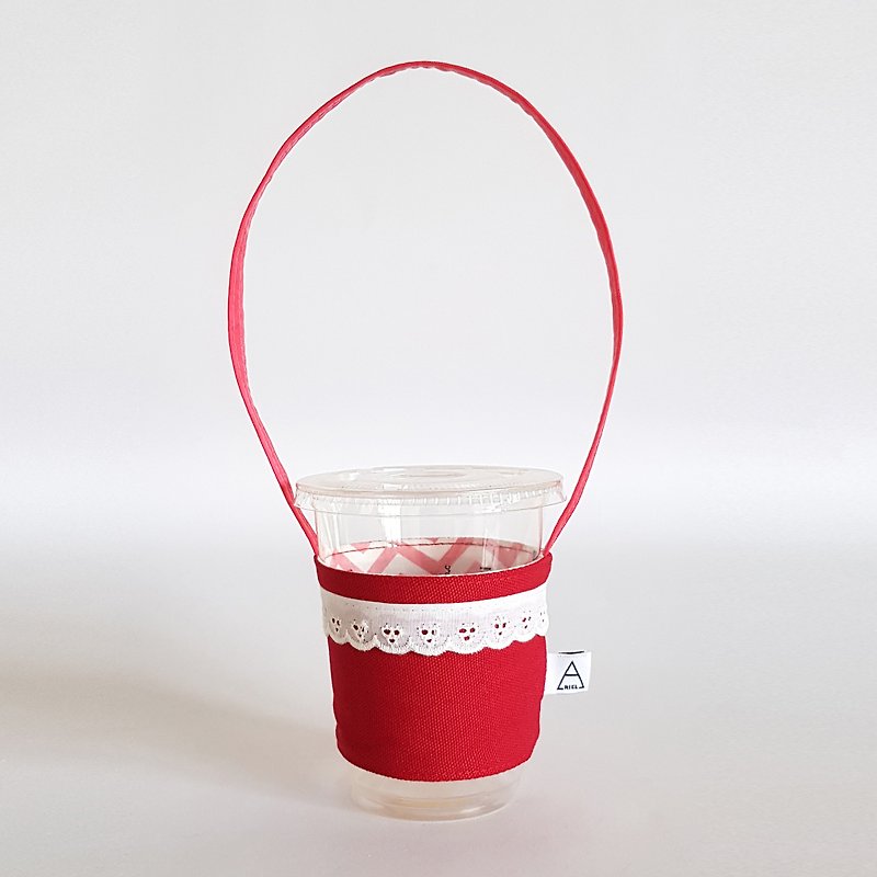 Strawberry Red x White Lace Drink Cup Bag/Red - ถุงใส่กระติกนำ้ - ผ้าฝ้าย/ผ้าลินิน สีแดง