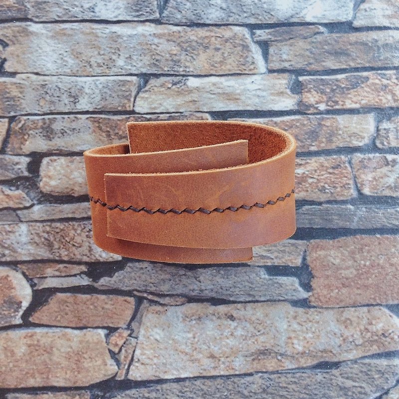 Stitched-Leather Cuff Bracelet. Tan Oil Leather Bracelet.