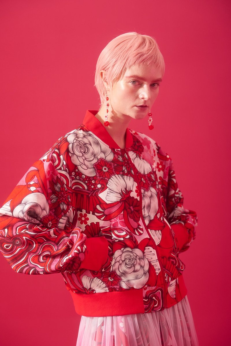 紅色花朵圖案長袖棒球外套 - 男夾克/外套 - 聚酯纖維 紅色