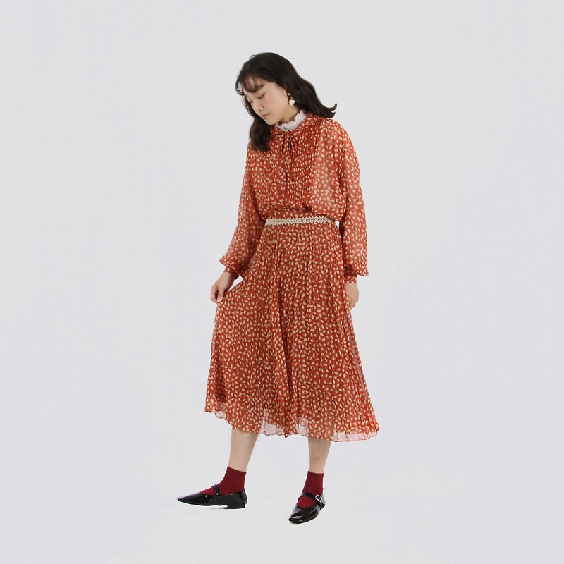 【蛋植物古著】艷夏落葉印花裙式古著套裝 - 連身裙 - 聚酯纖維 紅色