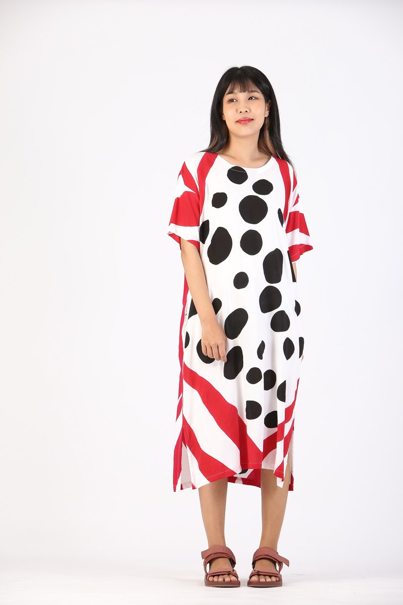 Short Dress Kaftan Cotton Silk Hand Paint Free Size - 連身裙 - 聚酯纖維 白色