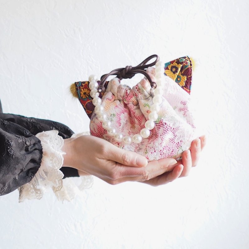 ゴージャスレース付き猫型巾着ポシェット(1点作品) - 側背包/斜背包 - 棉．麻 粉紅色
