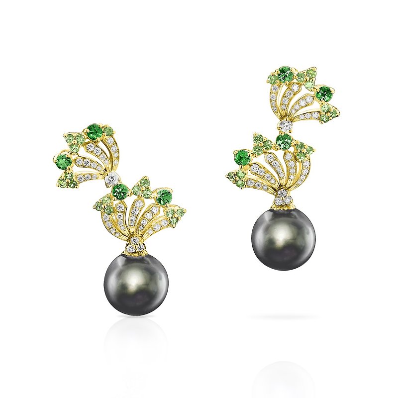 Breeze Aroma/South Sea Black Pearl/Tsavorite/18K Earrings - Earrings & Clip-ons - Pearl Black
