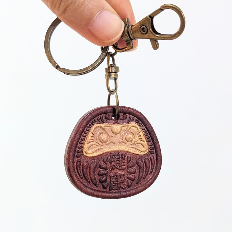 Handmade genuine leather Japanese hand-dyed Daruma hook key ring charm - Keychains - Genuine Leather Red