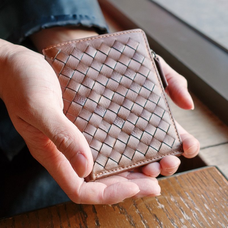 【24hr快速出貨】森織真皮編織輕薄中短夾 -兩色-075368 - 錢包/皮夾/長短夾 - 真皮 咖啡色