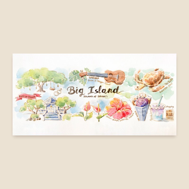 夏威夷大島 加長水彩旅行明信片單張 - 卡片/明信片 - 紙 