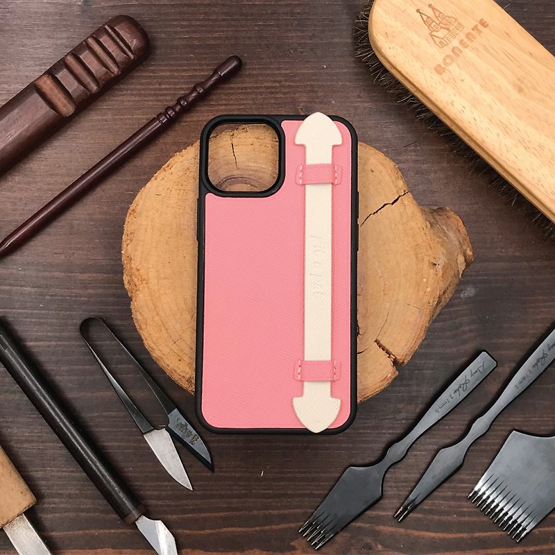 【iPhone Case W/Handle】Pink Saffiano | Shockproof | Handmade Leather in HK - Phone Cases - Genuine Leather Pink