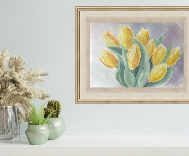 黄色いチューリップ 原画水彩画 花 現代絵画 ウォールアート