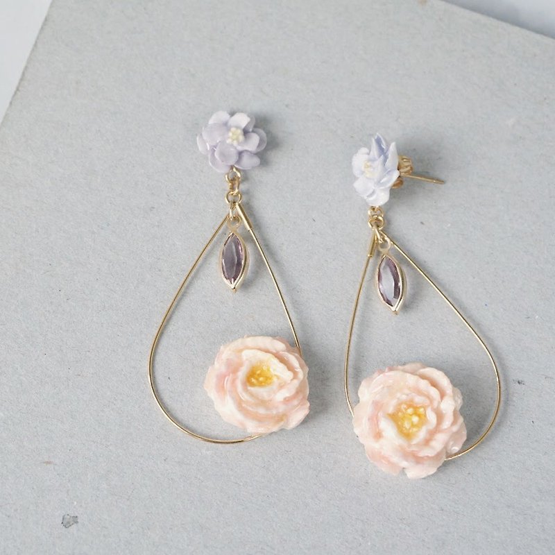 =Flower Piping= Crystal Drop Earrings/ Clip on  Customizable - ต่างหู - ดินเหนียว สีม่วง