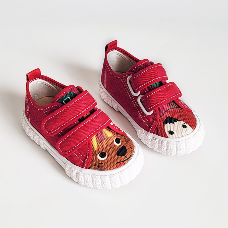 Double Devil's Felt Children's Shoes Two Mixed Straps Children's Shoes Canvas Shoes Children's Shoes - Red Made in Taiwan - รองเท้าลำลองผู้หญิง - ผ้าฝ้าย/ผ้าลินิน สีแดง