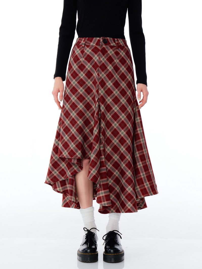 ziziFei autumn and winter new American retro high waist slim medium long irregular red plaid skirt for women - กระโปรง - วัสดุอื่นๆ สีแดง