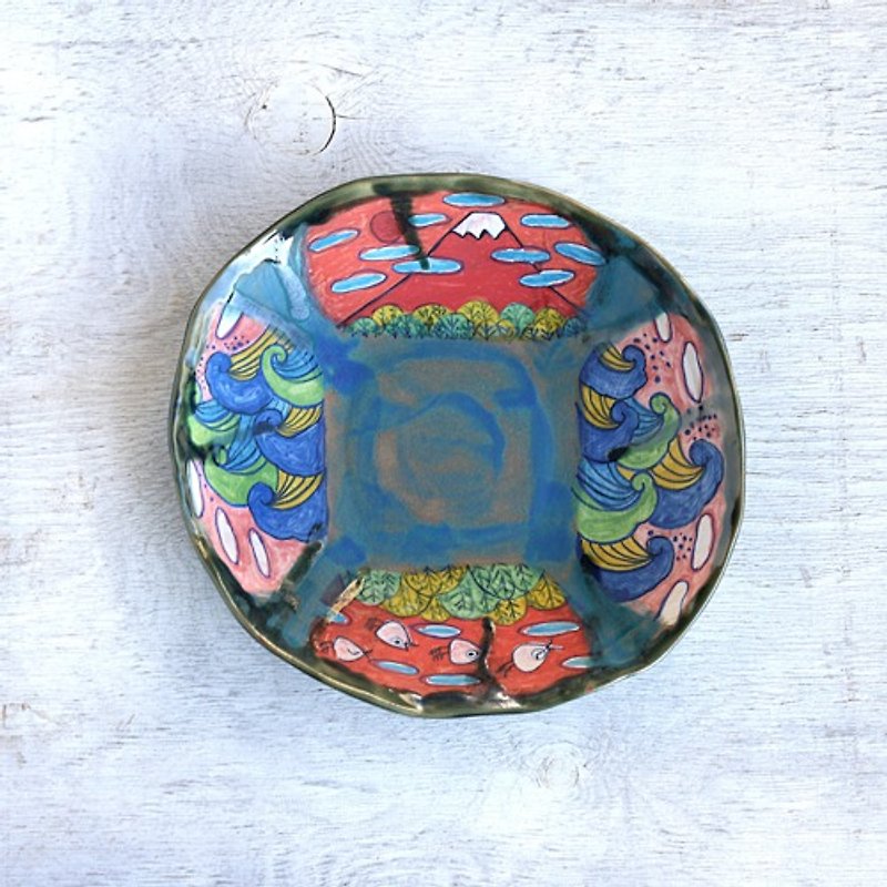 赤富士と波千鳥と波模様の深皿 - 小碟/醬油碟 - 陶 