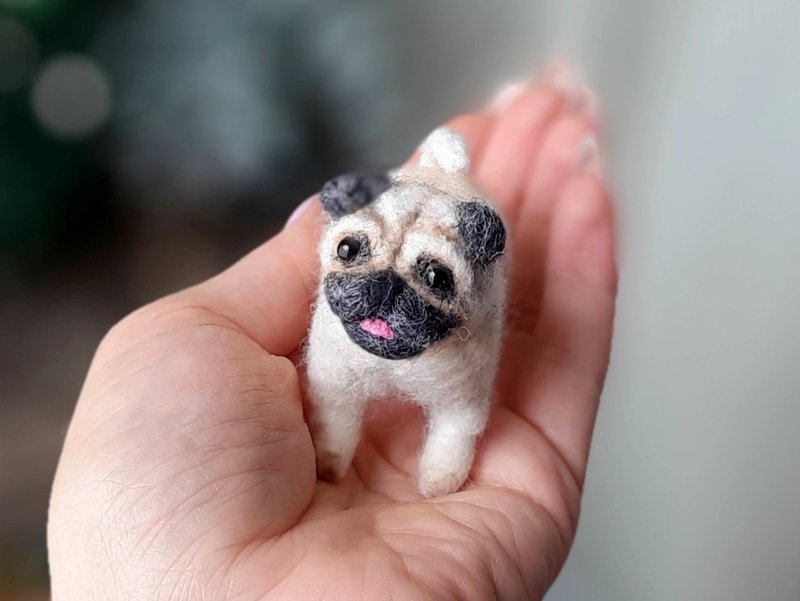 PUG Dollhouse miniatures Needle felted animals Wool felt dog figurines - Stuffed Dolls & Figurines - Wool 