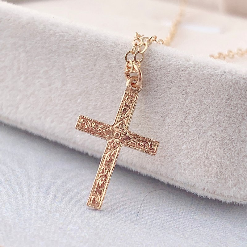 [14Kgf non-fading] vine mini cross necklace customized without allergies - Collar Necklaces - Precious Metals Gold
