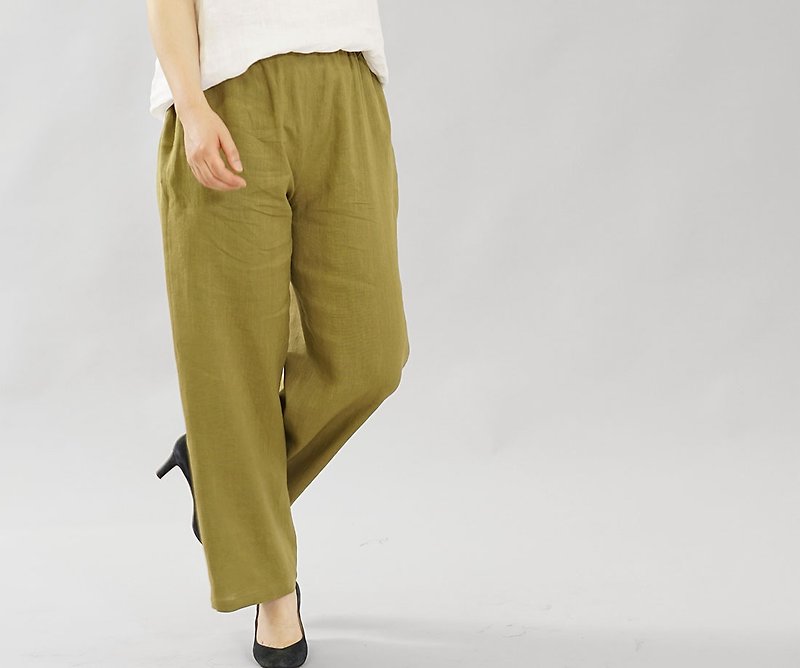 Linen pants / bottoms / long length / elastic waist / flaxen b001a-kib1 - Women's Pants - Cotton & Hemp Khaki