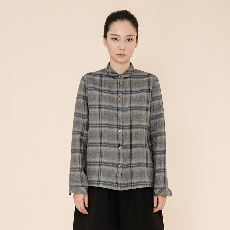 BUFU plaid linen shirt for women /grey  SH170607GR - เสื้อเชิ้ตผู้หญิง - ผ้าฝ้าย/ผ้าลินิน สีเทา