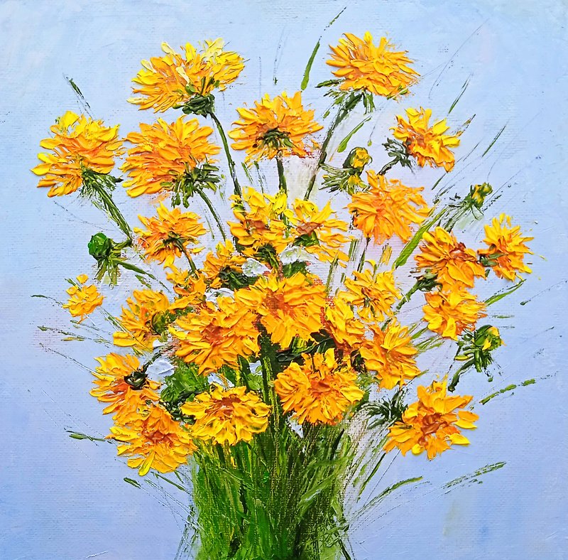 Dandelions Yellow Flowers Floral Art Original Oil Painting Impasto Art 20x20 cm - Wall Décor - Other Materials Multicolor