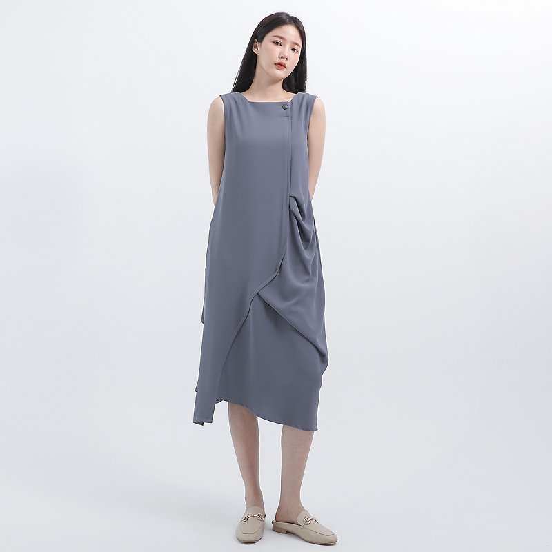 【經典原創】Huayuan_花苑剪接洋裝_CLD020_灰藍 - 連身裙 - 聚酯纖維 藍色