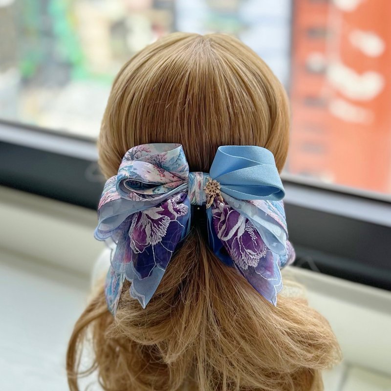 Exclusive lace bow intersecting clip banana clip fairy clip hair clip - antique blue and purple - เครื่องประดับผม - วัสดุอื่นๆ สีน้ำเงิน