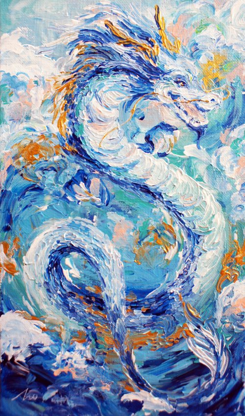 25×34㎝【仕事・学業運】開運・青龍神様　1・原画・油彩画・額装・特大 人気 【ポスター】龍 / 青龍 / 龍神 / 辰 / 青 / ドラゴン