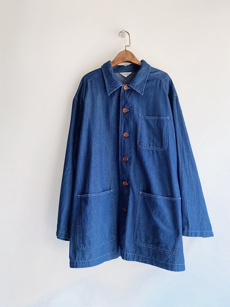 Sea dark blue big pocket work version vintage lapel cotton denim shirt jacket vintage Shirt - เสื้อเชิ้ตผู้หญิง - ผ้าฝ้าย/ผ้าลินิน สีน้ำเงิน