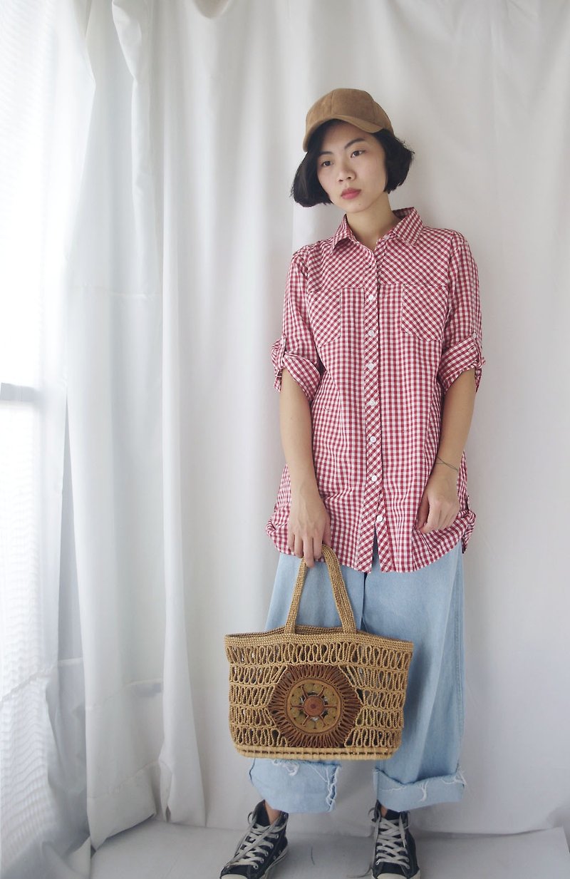 4.5studio- treasure vintage - classic red and white grid cotton shirt Long - Women's Shirts - Cotton & Hemp Red