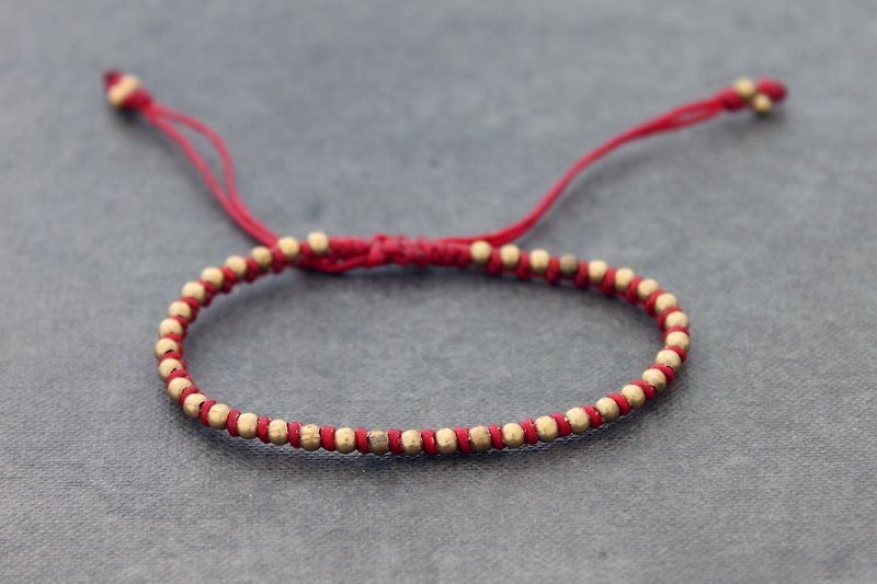 黃銅編織串珠手鍊紅色打結棉黃銅手鍊 - 手鍊/手環 - 其他金屬 紅色