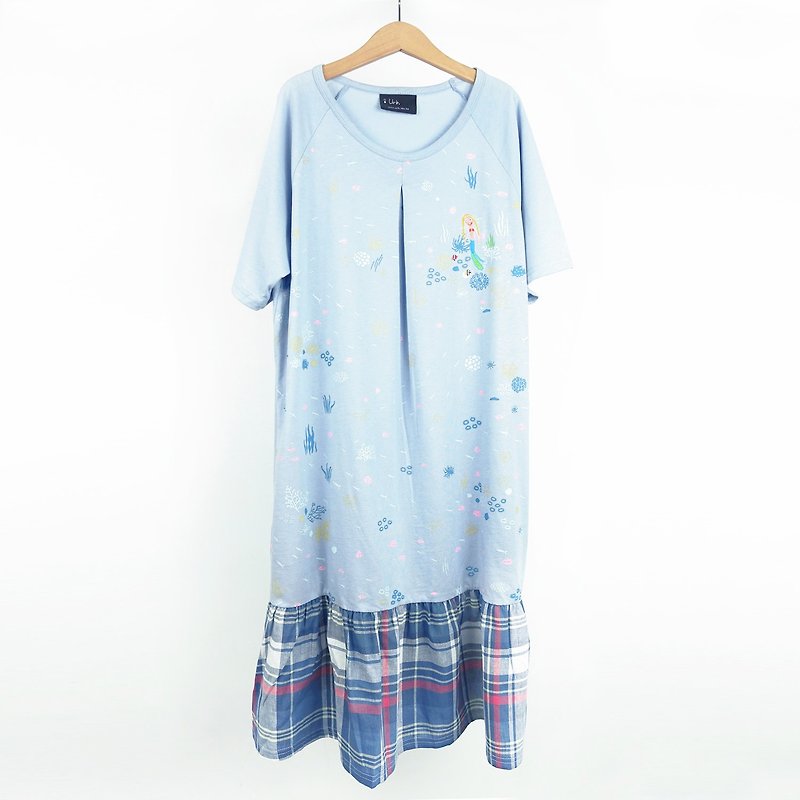 Urb / Coral Sea and Mermaid / Patchwork Skirt Pocket Dress - ชุดเดรส - ผ้าฝ้าย/ผ้าลินิน 