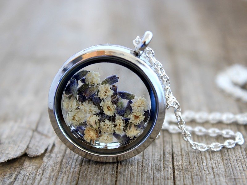 Gypsophila Locket, Lavender Locket, Real Lavender, Real Baby's Breath, Real Dried Flowers Locket, Dried Flowers, Dried Flowers Locket - 項鍊 - 玻璃 多色