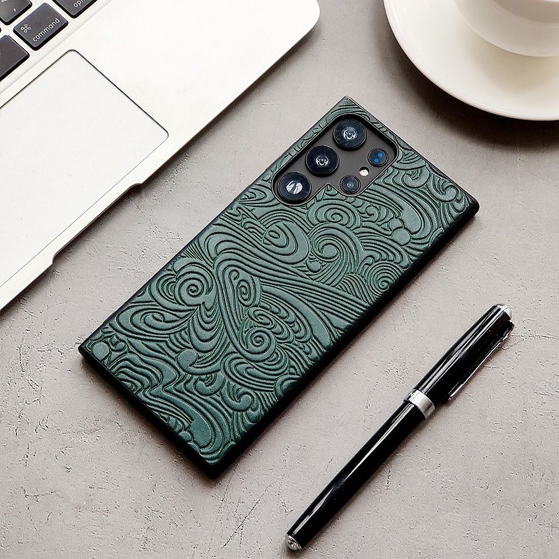 Xingyunliushui|Dark green Samsung s24ultra leather mobile phone case s23u set s22+ back cover all-inclusive anti-fall - เคส/ซองมือถือ - หนังแท้ สีเขียว